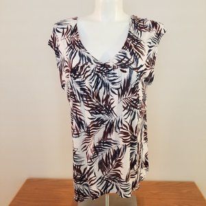 Lucky Brand White and Brown Leaf Print Top